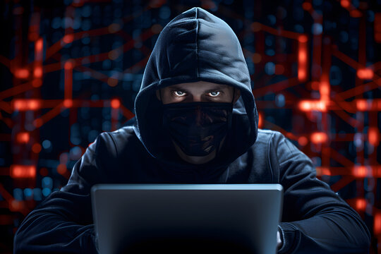 A hacker wearing a hoodie with digital networks background