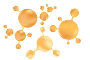 Vintage 3D beige molecule set with grainy texture, hyaluronic acid or collagen, nano 3D cell, bio scientific icon with noise gradient texture. Retro beauty science isolated element.