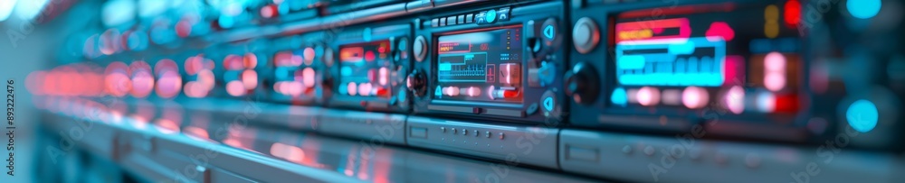 Poster abstract blurred background of technology equipment with colorful lights in a data center server roo
