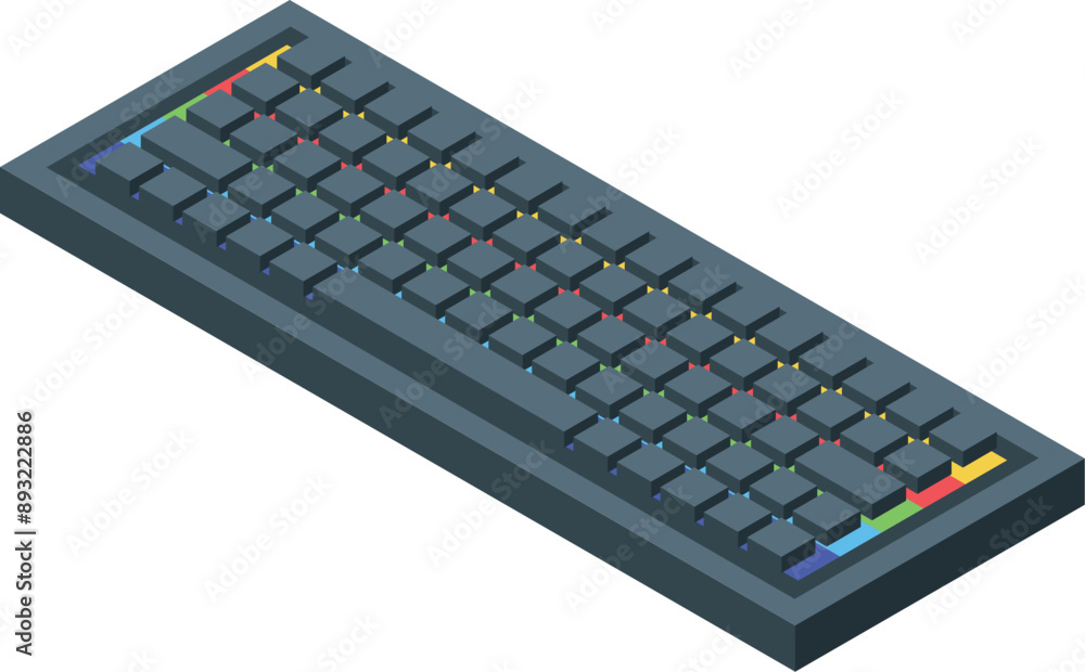 Poster modern keyboard with colorful keys is being shown from an isometric perspective on a white backgroun