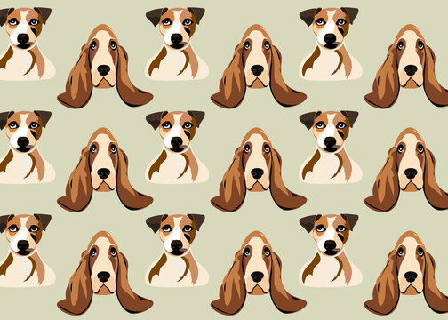 Jack Russell Terrier and Basset Hound dogs faces pattern over gray background