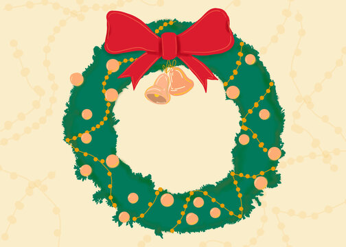 Illustration of Christmas wreath with jingle bells