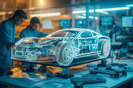 In a futuristic workshop, a skilled team of engineers is developing a cuttingedge car design using advanced technology and innovative tools - Powered by Adobe