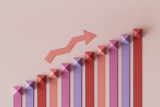 3D render of pastel colored growing bar graph with arrow over pink background