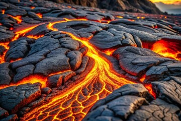 hot stream of melted lava flow on black solid magma
