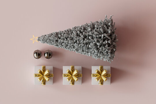 3D render of Christmas tree with gifts over pink background