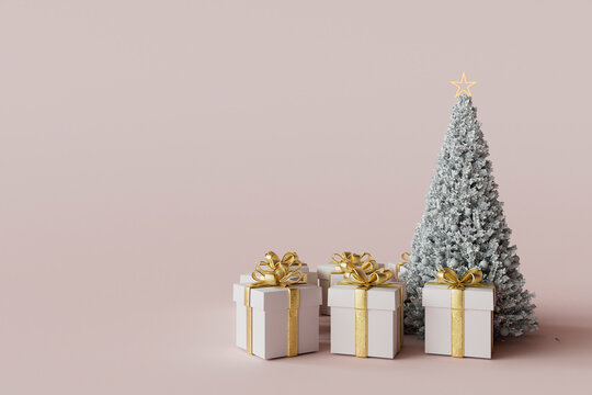 3D render of Christmas tree with gifts against pink colored background