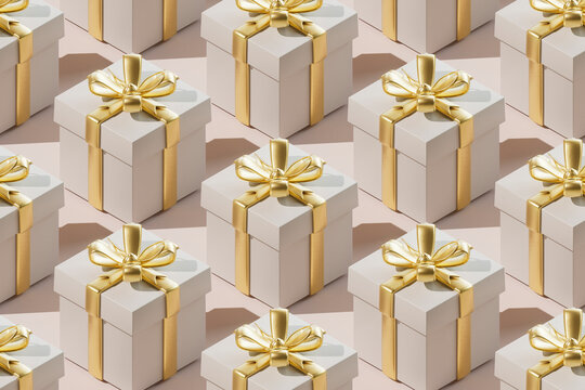 Seamless pattern of gift boxes wrapped in golden ribbon against colored background