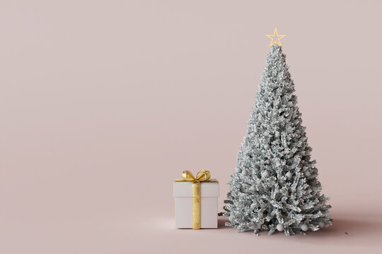 3D render of Christmas tree with gift over pink background
