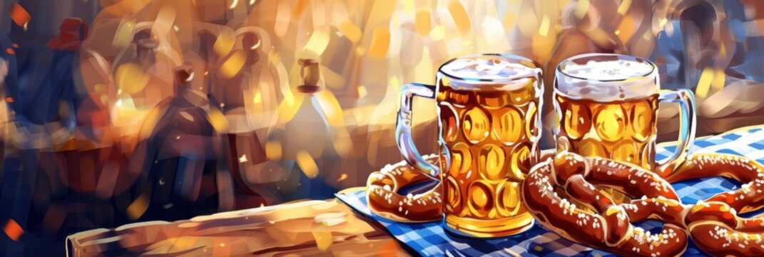 Oktoberfest celebration. Horizontal banner. Pretzels, beer, tablecloth in the colors of the Bavarian flag, wooden background. Traditional German festival in Munich. Free space for text, copy space