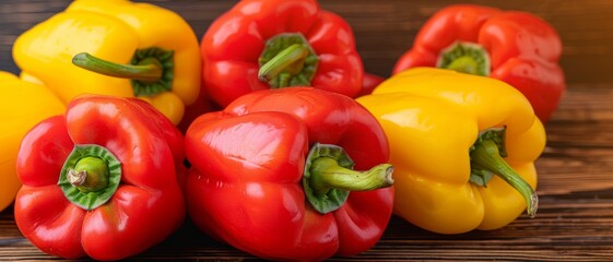 fresh red and yellow bell peppers on rustic wooden tabletop, vibrant colors, healthy food, cooking ingredients, diet, nutrition, produce, vegetables, organic, vegetarian, vegan,