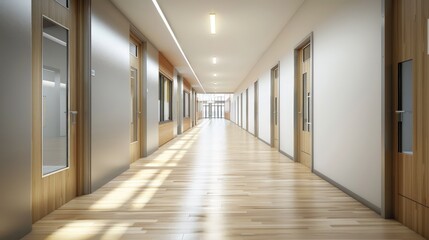 Contemporary high school corridor with light wooden floors and minimalist d?(C)cor