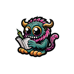 A cute monster with big eyes and horns is sitting and writing in a journal with a pencil.