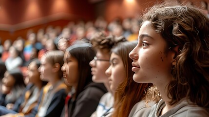 students attending an assembly with a school auditorium background during midday with bright lighting, close-up shot
