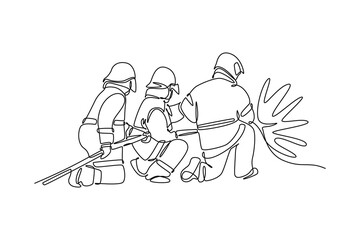 Firefighters with firefighting equipment concept. Single line draw design vector graphic illustration.