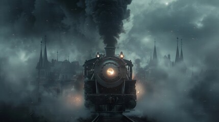 A Steam Locomotive With Smoke Billowing out of the Chimney on a Foggy Day - Generative AI