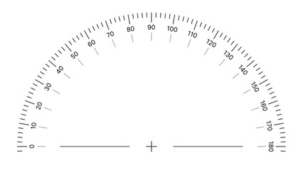 Round Angle Meter Scale Isolated on White Background. Measuring Half Circle Scale in Flat Style. 180 Degrees Circular Ruler Template. Protractor Grid. Vector Illustration.