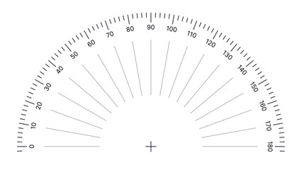 Round Angle Meter Scale Isolated on White Background. Measuring Half Circle Scale in Flat Style. 180 Degrees Circular Ruler Template. Protractor Grid. Vector Illustration.
