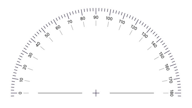 Round Angle Meter Scale Isolated on White Background. Measuring Half Circle Scale in Flat Style. 180 Degrees Circular Ruler Template. Protractor Grid. Vector Illustration.