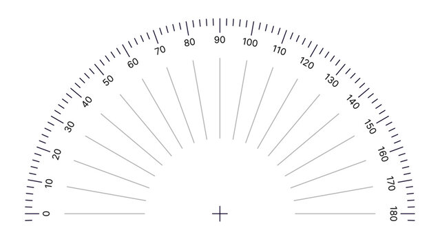 Round Angle Meter Scale Isolated on White Background. Measuring Half Circle Scale in Flat Style. 180 Degrees Circular Ruler Template. Protractor Grid. Vector Illustration.