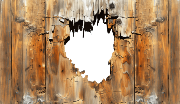 Weathered old aged wooden planks with a ripped hole in the center, showing a transparent background.