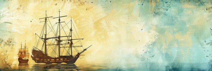 Vintage postcard. Happy Columbus day. Sailing ship floating on the sea waves. Holiday greeting card with ship in ocean. Free space for text, copy space. Discovery of America by Columbus