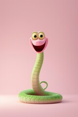 Fototapeta premium A cute, cartoonish green snake with wide smile and big eyes, set against pastel pink background, exuding joy and friendliness.