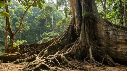 Obraz premium Buttress roots of Elaeocarpus grandiflorus in Wang Ta Krai, Nakhon Nayok, Thailand.