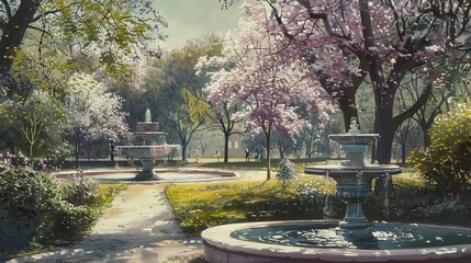 Obraz premium Detail of a spring park, showcasing vibrant flowers, lush greenery, and perhaps a blooming tree or well-maintained pathways, capturing the essence of the season.
