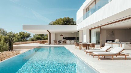 A dining table with chairs and wooden sun loungers arranged near a swimming pool in the yard of an expensive contemporary minimalist-style villa on a sunny day.