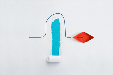 Concept of overcoming barriers, goal, target. Red paper ship