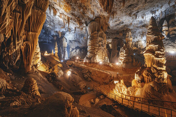 Generative ai on theme of a large beautiful sharp stalactites hanging down from deep mountain cave