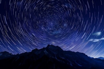 The starry sky is full of circular long exposures, with star trails visible in the night sky over mountains. A long time exposure photo captures stars spinning around the North Star Polaris, creating 