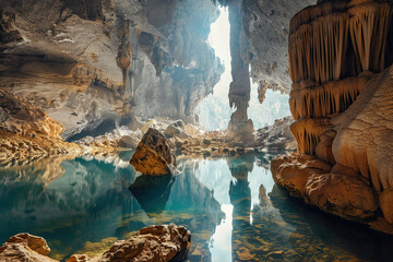 Generative ai on theme of a large beautiful sharp stalactites hanging down from deep mountain cave