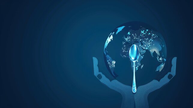 World Hunger day. Spoon on the background of hands holding the globe. Horizontal banner. Free space for text. Promoting Global Food Security, Fighting Hunger, food availability