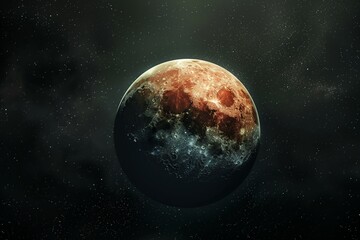 Fototapeta premium A planet with red color on the half of its surface, dark background, black sky, stars in space, high resolution, high quality, high detail, high contrast, professional photography, sharp focus, no blu