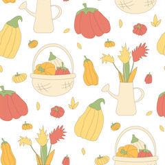 Autumn seamless pattern. Stylized pumpkin harvesting repeat background. Leaves and basket of veggie. Vector line art flat illustration.