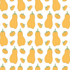 Pumpkins seamless pattern. Stylized yellow autumn harvesting repeat background. Vector line art flat illustration.