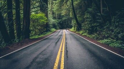 Fototapeta premium A winding road through a dense forest, lined with trees and surrounded by natural greenery.