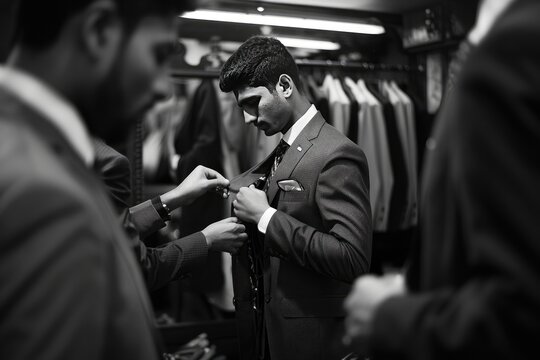 A man is getting his suit adjusted in a clothing store