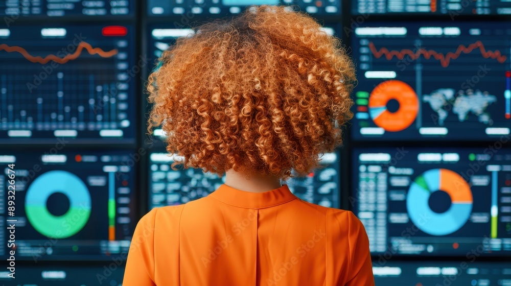 Poster businesswoman analyzing data on multiple screens with charts and graphs in a modern office. stock ma