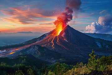 Generative ai on theme of erupting volcano with cascading hot lava surrounded thick white smoke