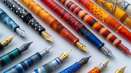 A Close up of Several Colorful Fountain Pens on a White Surface - Generative AI