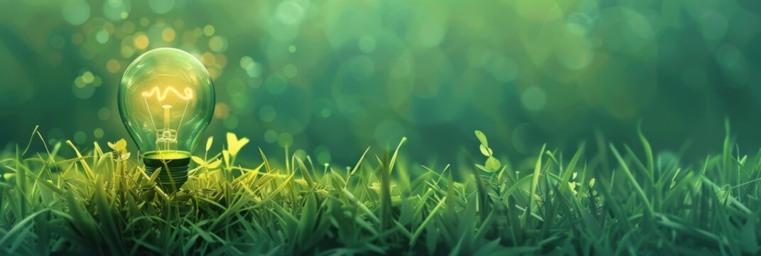 Energy saving day. Light bulb among green leaves on a green background. Environmental protection, renewable, sustainable energy sources. Earth Day. Save world and energy power. Free space for text