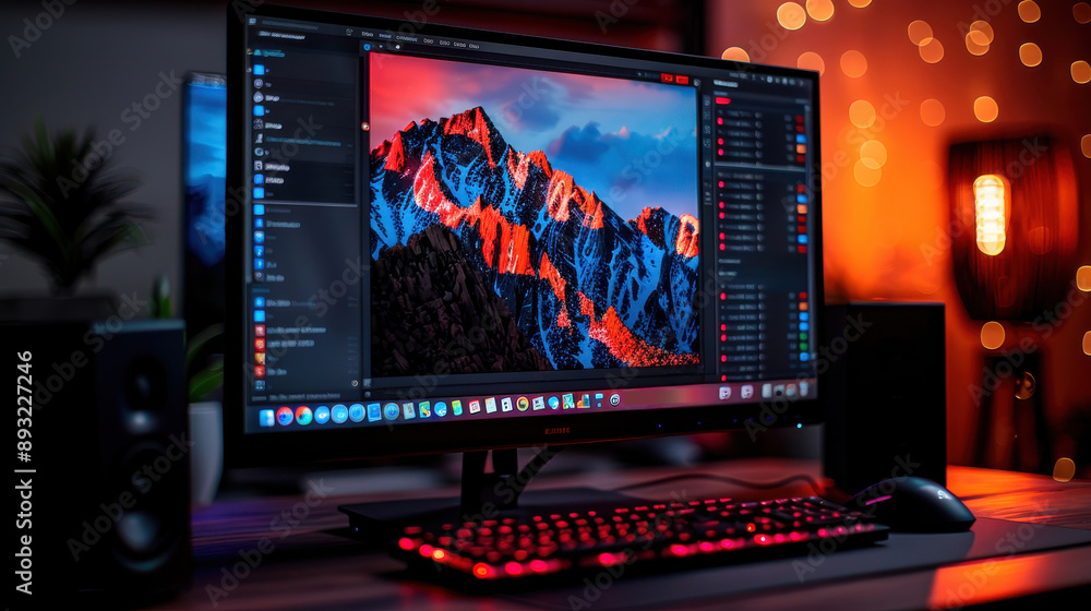 Poster a modern desktop setup with a high-resolution monitor displaying graphic design software, illuminate