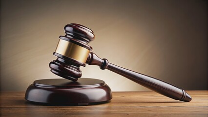 A dark wooden gavel rests on a sleek stand against a neutral background, symbolizing authority and justice in a formal, professional setting.