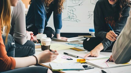 A vibrant brainstorming session in a meeting room, a whiteboard filled with notes and diagrams, everyone actively participating with notebooks and pens, coffee cups on the table