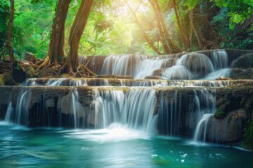 Generative ai on theme of beautiful majestic waterfall in natural nature, national park attraction