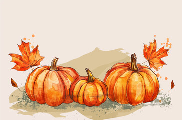 Autumn background with pumpkins and leaves. Watercolor illustration.