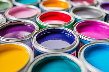 Fototapeta premium Open cans of color paint. Open cans with bright multicolored paints arranged on colorful geometric background.